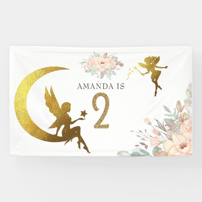 Pink and Gold Fairy themed Girl 2nd Birthday Party Banner (Horizontal)