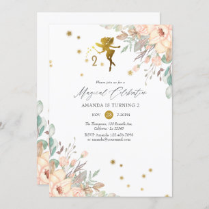 Pink and Gold Fairy themed Girl 2nd Birthday Party Invitation