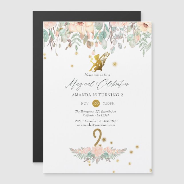 Pink and Gold Fairy themed Girl 2nd Birthday Party Magnetic Invitation (Front/Back)