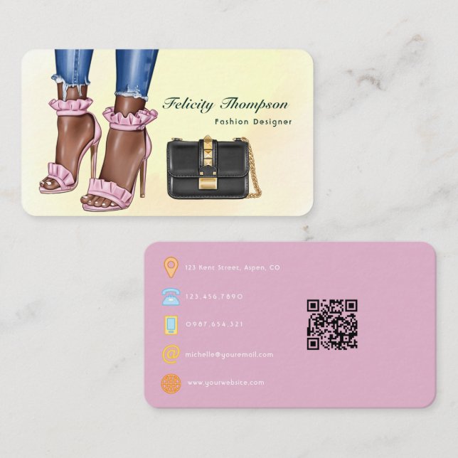 Pink and Gold Fashion Designer QR Code Business Ca Card (Front/Back)