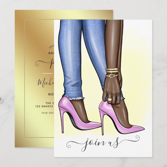 Pink and Gold Fashionista Bachelorette Party Invitation (Front/Back)