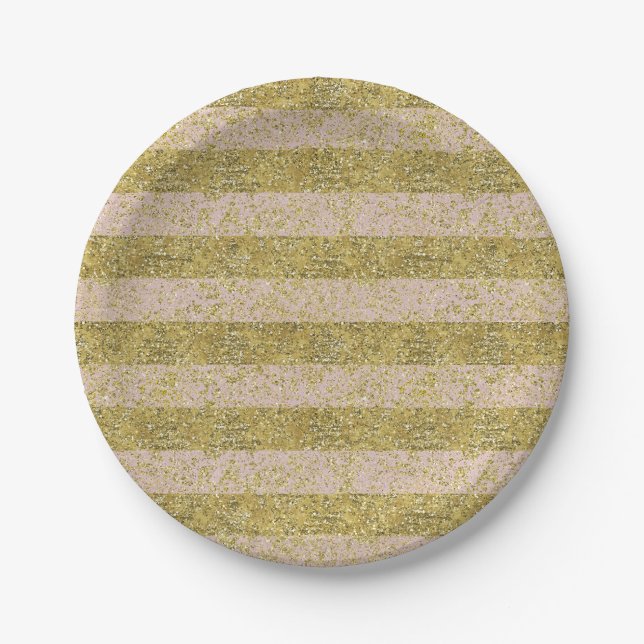 Pink and Gold Faux Glitter Stripes glitzy chic gir Paper Plate (Front)
