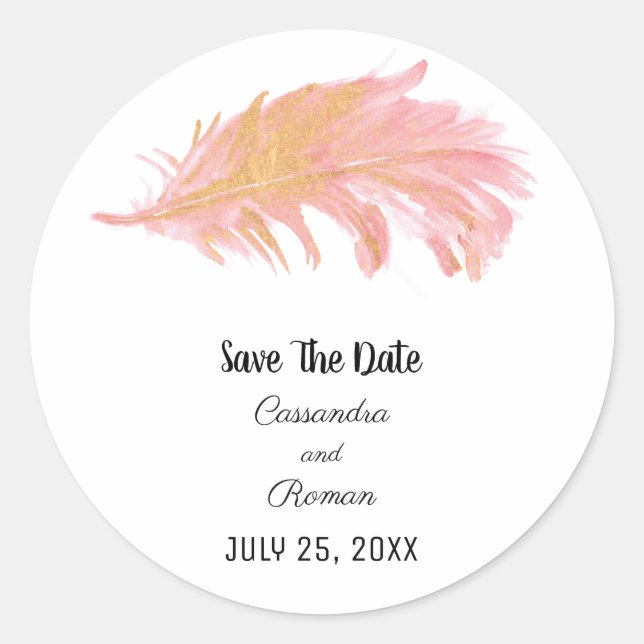 Pink and Gold Feather Save The Date Classic Round Sticker (Front)