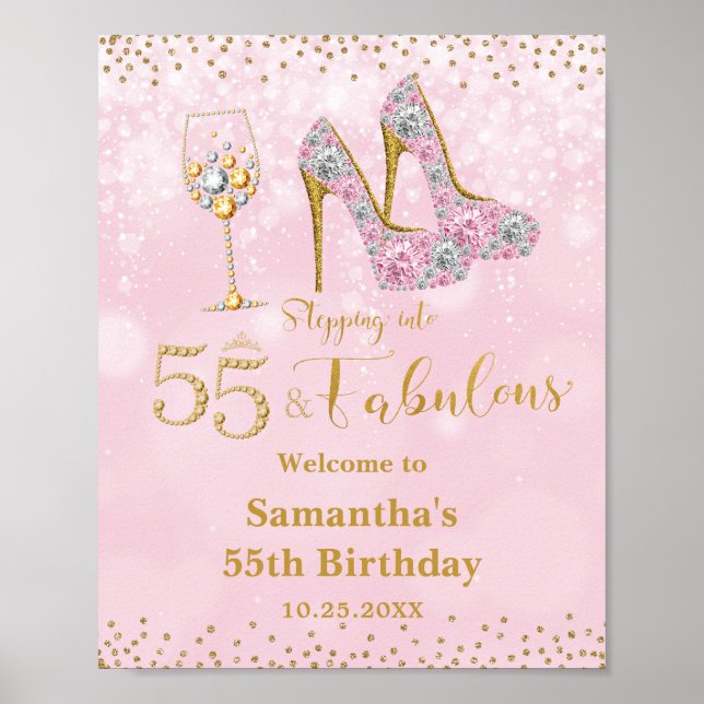 Pink and Gold Fifty Five & Fabulous 55th Birthday  Poster (Front)