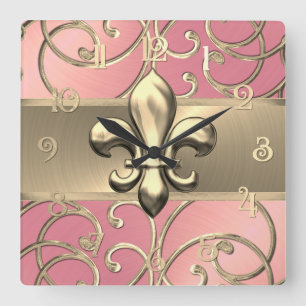 Pink and Gold Filigree Swirls Fleur de Lis Square Wall Clock