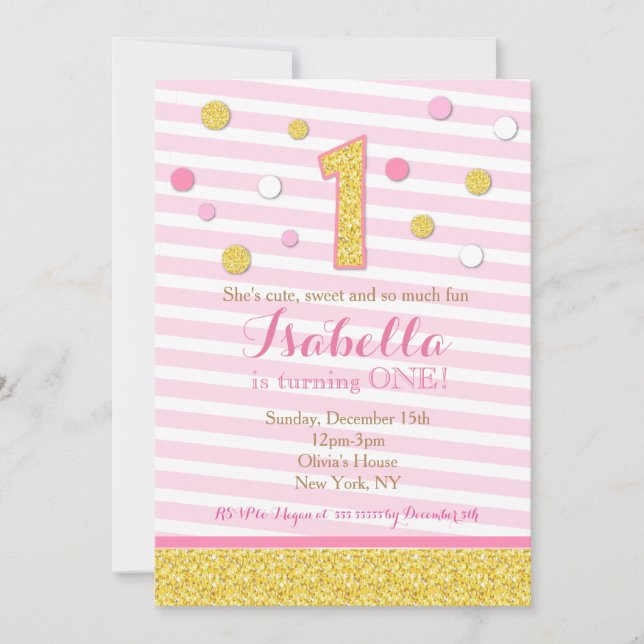 Pink and Gold First 1st Birthday Party Invitations (Front)
