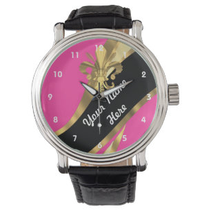 Pink and gold fleur de lys personalised watch