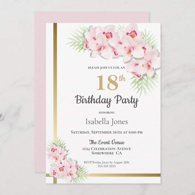 Pink and Gold Floral 18th Birthday Party Invitation (Front/Back)