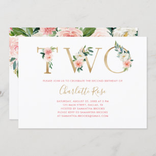 Pink And Gold Floral 2nd Birthday Party Invitation