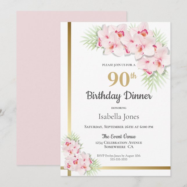 Pink and Gold Floral 90th Birthday Dinner Party Invitation (Front/Back)