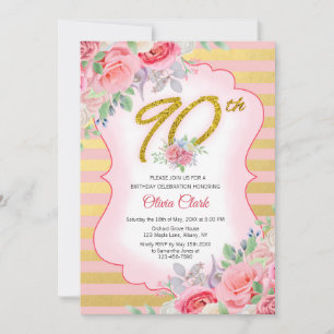 Pink and Gold Floral 90th Birthday Invitation