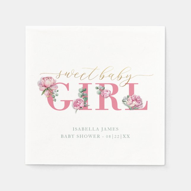 Pink and Gold Floral Baby Shower Napkins for a Swe (Front)