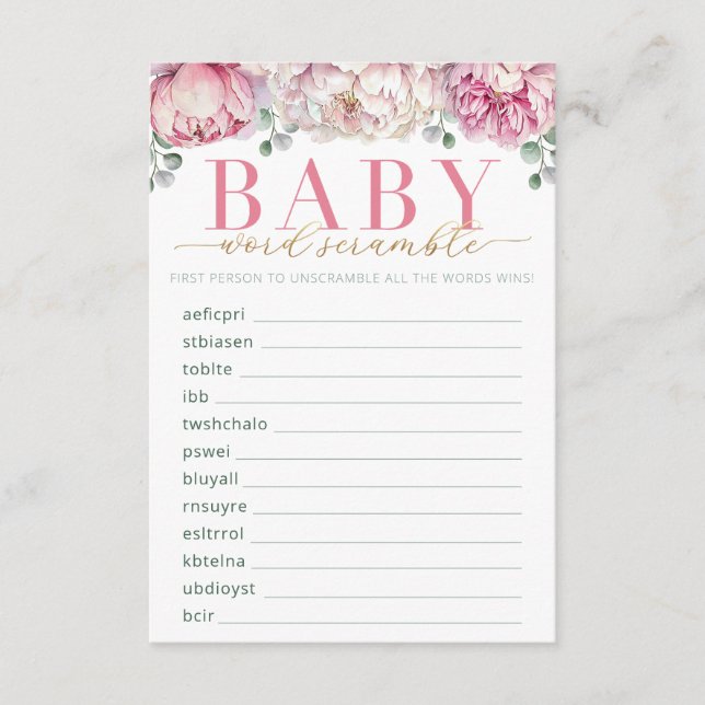 Pink and Gold Floral Baby Shower Word Scramble Gam Enclosure Card (Front)