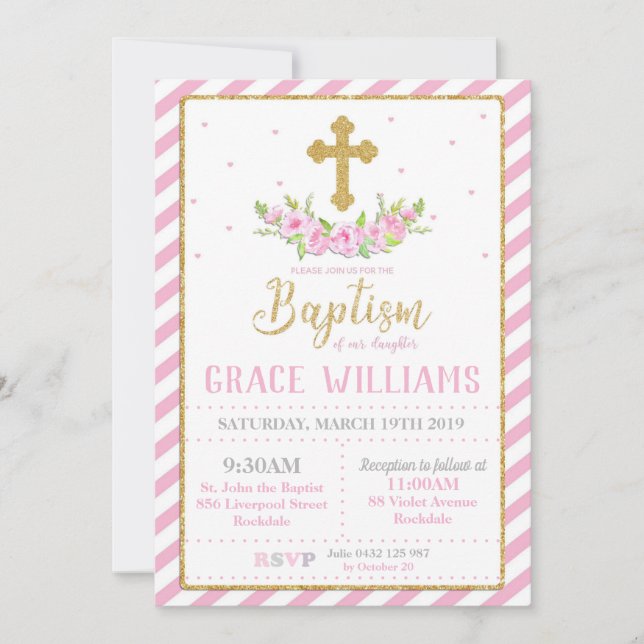 Pink and Gold Floral Baptism Invitations Girl (Front)