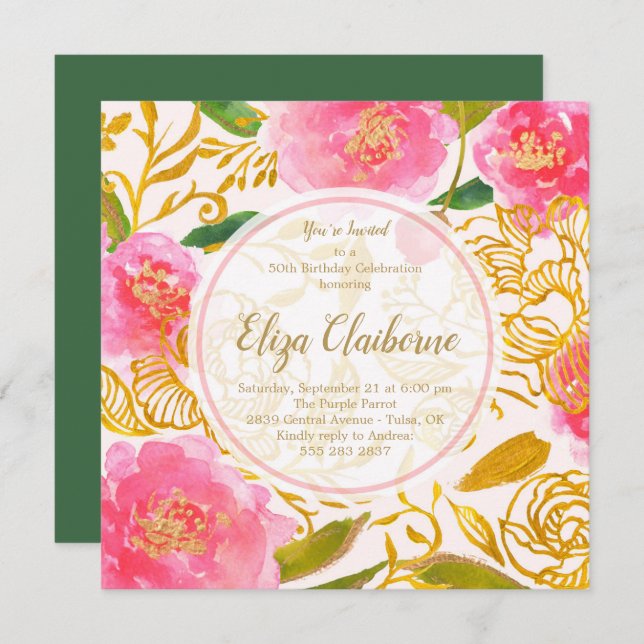 Pink and Gold Floral Birthday Party Invitation (Front/Back)