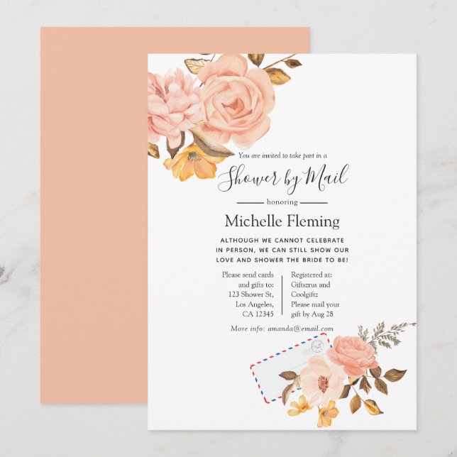 Pink and Gold Floral Bridal or Baby Shower by Mail Invitation (Front/Back)
