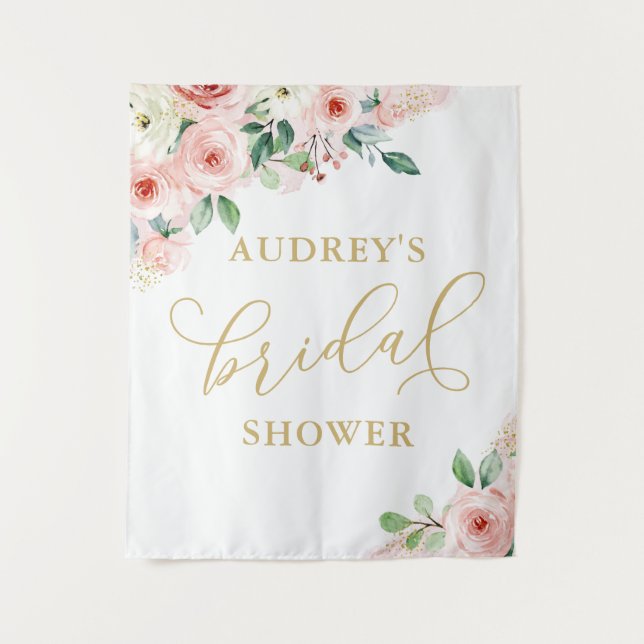 Pink and Gold Floral Bridal Shower Backdrop Tapestry (Front)