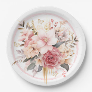 Pink and Gold Floral Butterfly Wedding Paper Plate