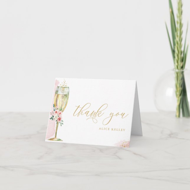 Pink and Gold Floral Champagne Glass Personalised  Thank You Card (Front)