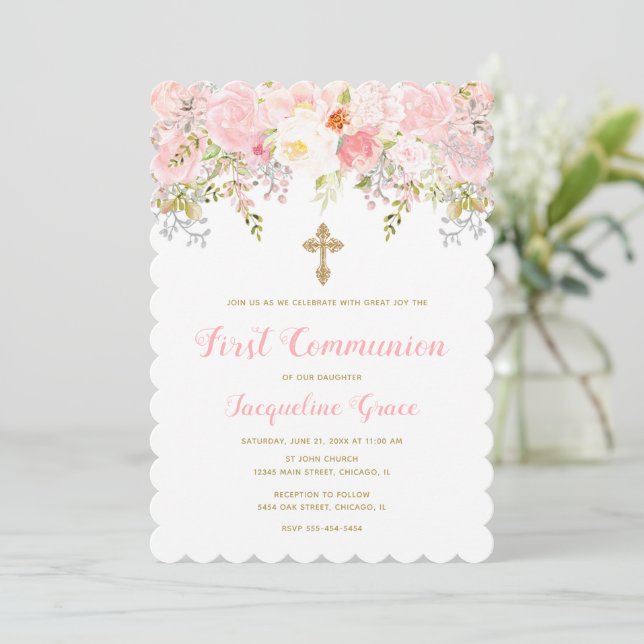 Pink and Gold Floral Communion Invitation Girl (Standing Front)