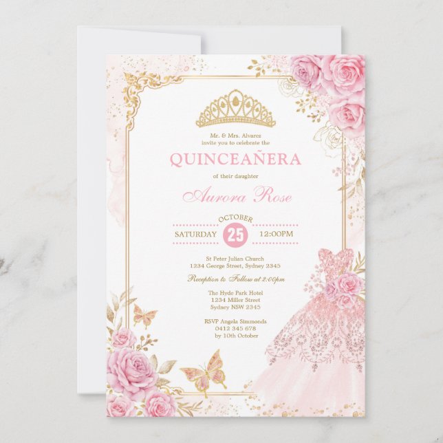 Pink and Gold Floral Crown Princess Quinceañera Invitation (Front)