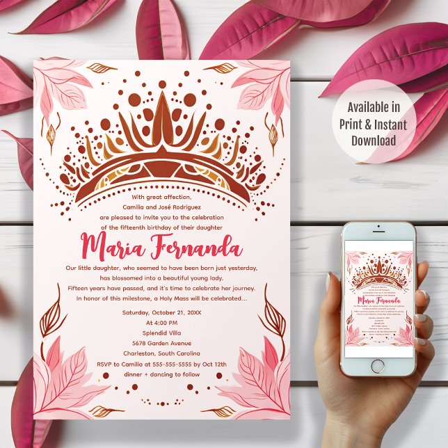 Pink and Gold Floral Crown Quinceañera Party Invitation (Creator Uploaded)