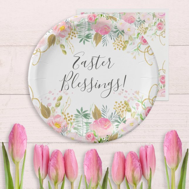 Pink and Gold Floral Easter Paper Plate (Creator Uploaded)