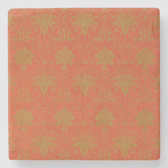 Pink And Gold Floral Pattern Stone Coaster (Front)