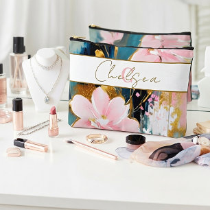 Pink and gold floral personalised accessory pouch