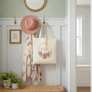 Pink and gold floral personalised tote bag