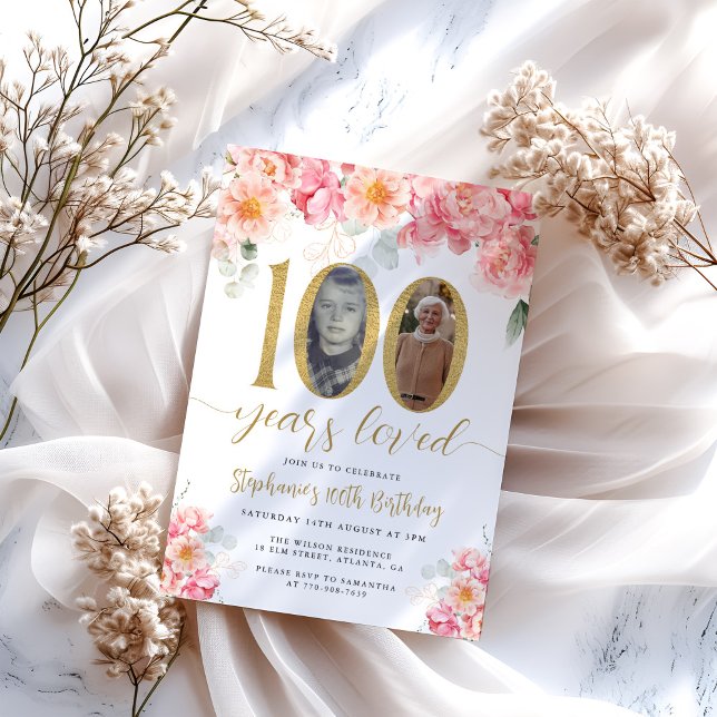 Pink and Gold Floral Photo 100th Birthday Invitation (Creator Uploaded)