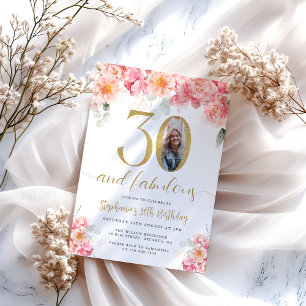 Pink and Gold Floral Photo 30th Birthday Invitation