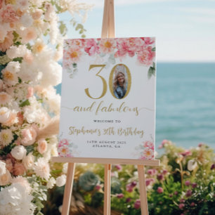 Pink and Gold Floral Photo 30th Birthday Welcome Poster