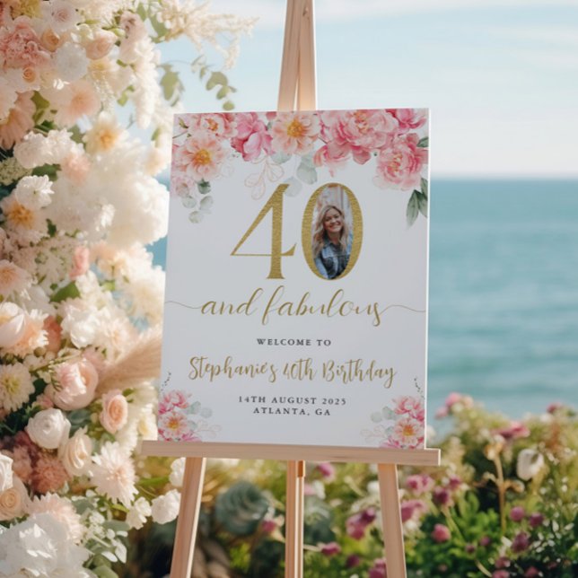 Pink and Gold Floral Photo 40th Birthday Welcome Poster (Creator Uploaded)