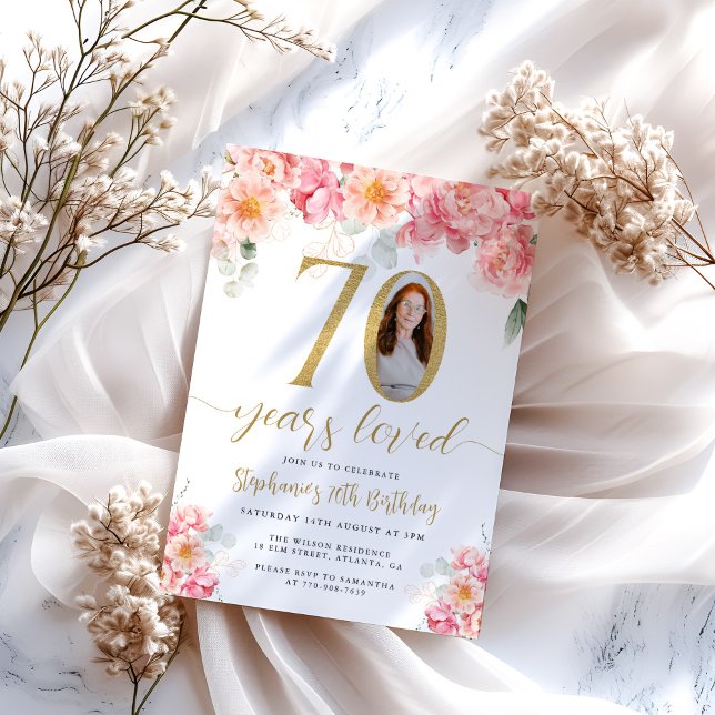Pink and Gold Floral Photo 70th Birthday Invitation (Creator Uploaded)