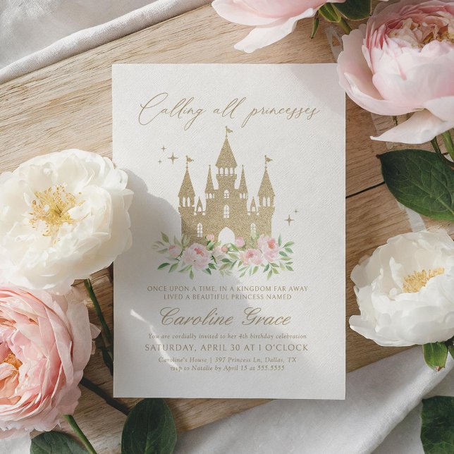 Pink and Gold Floral Princess Castle Birthday Invitation (Creator Uploaded)