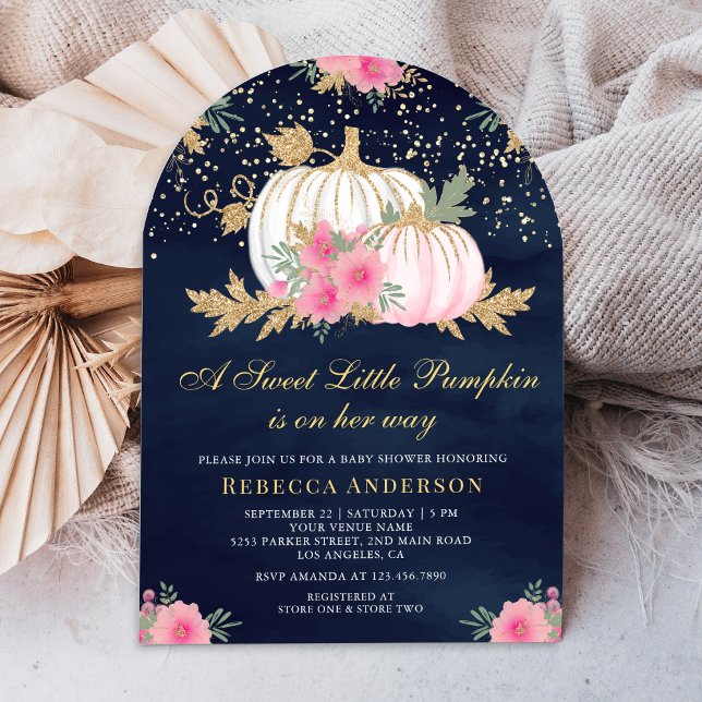 Pink and Gold Floral Pumpkin Arch Navy Baby Shower Invitation (Creator Uploaded)