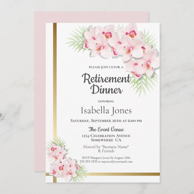 Pink and Gold Floral Retirement Dinner Party Invitation (Front/Back)
