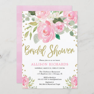 Pink and gold floral roses bridal shower invitation