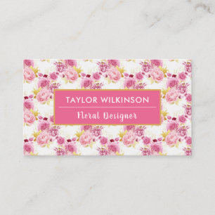 Pink and Gold Floral Roses on White Business Card