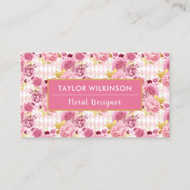 Pink and Gold Floral Roses with Harlequin Diamonds Business Card (Front)