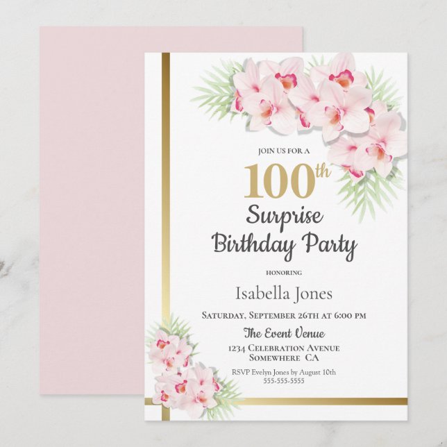 Pink and Gold Floral Surprise 100th Birthday Party Invitation (Front/Back)