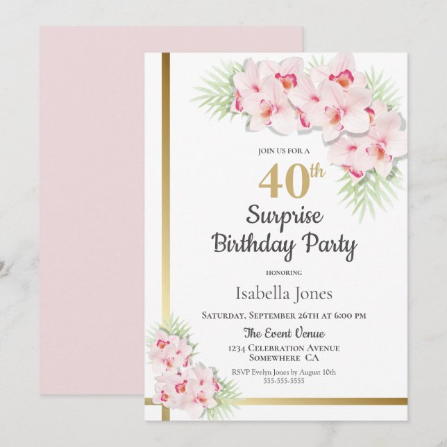 Pink and Gold Floral Surprise 40th Birthday Party Invitation (Front/Back)