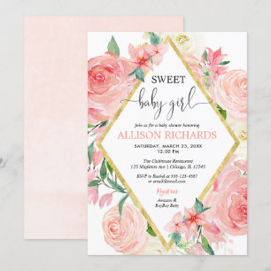 Pink and gold floral sweet baby girl shower invitation