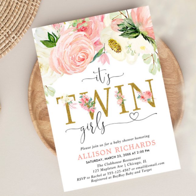 Pink and gold floral twin girls baby shower invitation (Creator Uploaded)