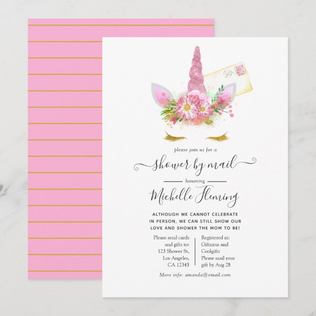 Pink and Gold Floral Unicorn Baby Shower by Mail Invitation (Front/Back)