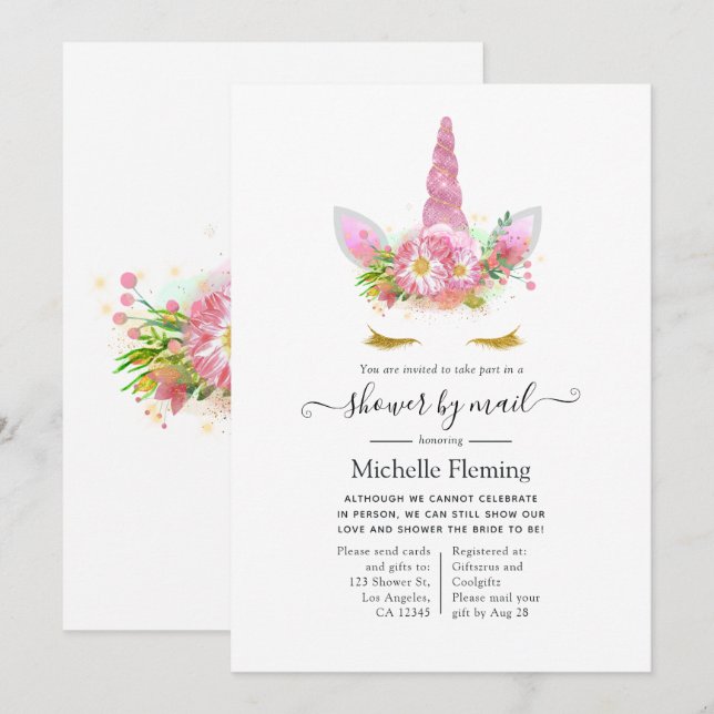Pink and Gold Floral Unicorn Baby Shower Invitation (Front/Back)