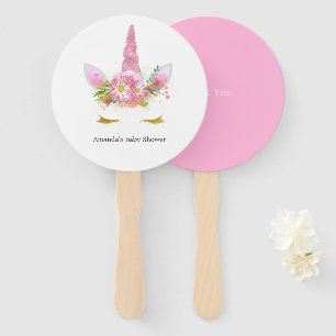 Pink and Gold Floral Unicorn Girl Baby Shower Hand Fan