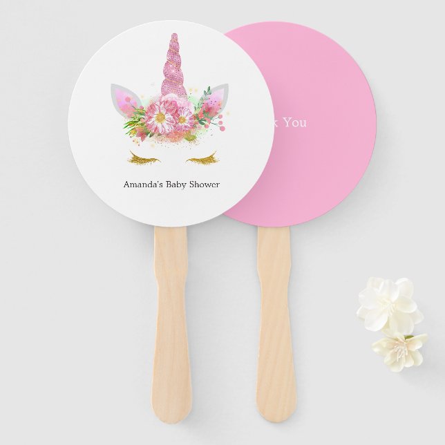 Pink and Gold Floral Unicorn Girl Baby Shower Hand Fan (Front and Back)