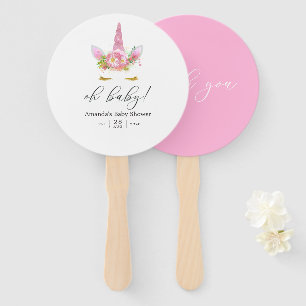 Pink and Gold Floral Unicorn Girl Baby Shower Hand Fan